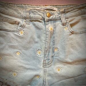 Celebrity Pink Light Blue Daisy Embroidered Jean  Shorts